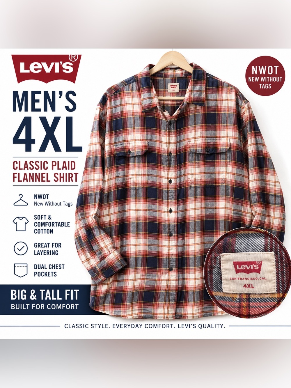 Levi’s Men’s 4XL Plaid Flannel Button Down Shirt NWOT Big & Tall - Picture 1 of 7